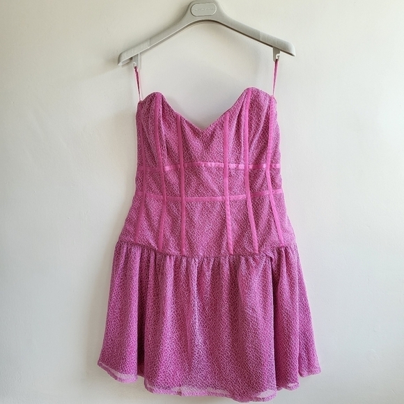 New Bardot Strapless Sweetheart Boned Corset Lace Barbie Pink Mini Dress NWT 8/M - Picture 5 of 14